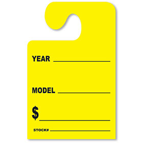 Fluorescent Yellow YEAR-MODEL-$ Hook Rear View Mirror Tags